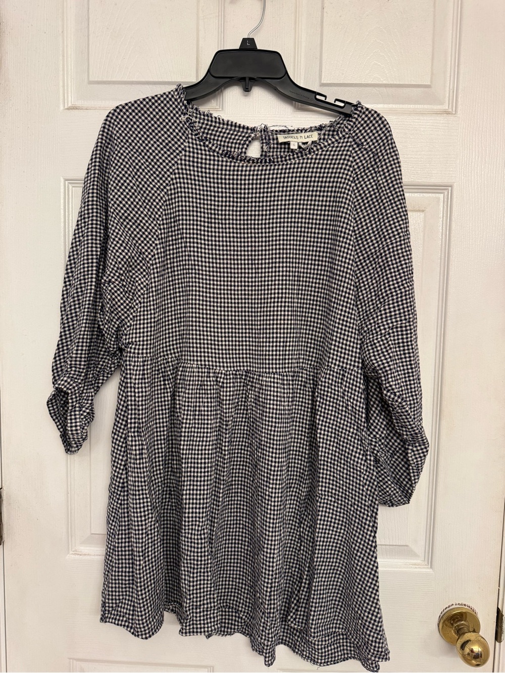 Tassels N Lace Navy Gingham Babydoll Blouse Large Frayed Neck Cottagecore